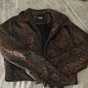 Zara Black and Brown Snake Print Bomber Jacket